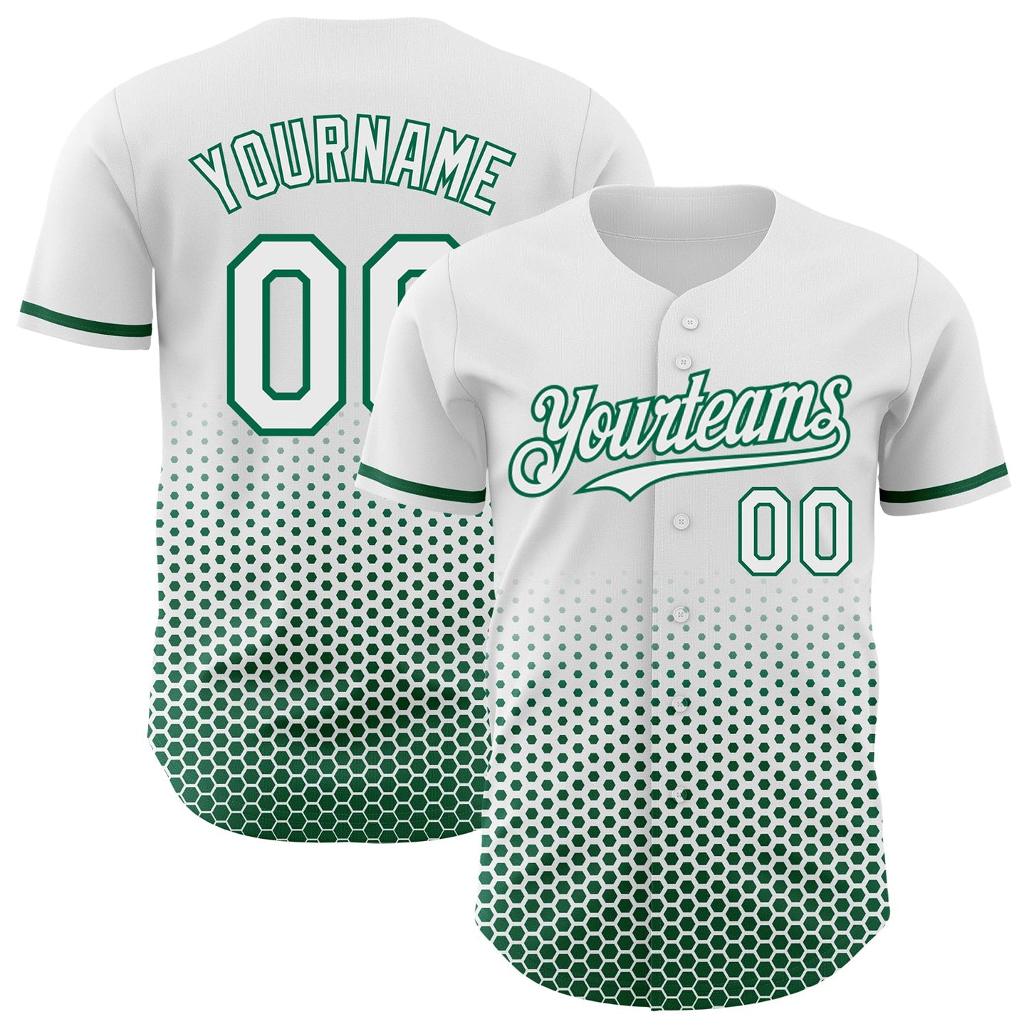 Custom White-Kelly Green Geometric Hexagonal Dot Gradient Authentic Baseball Jersey - Main View