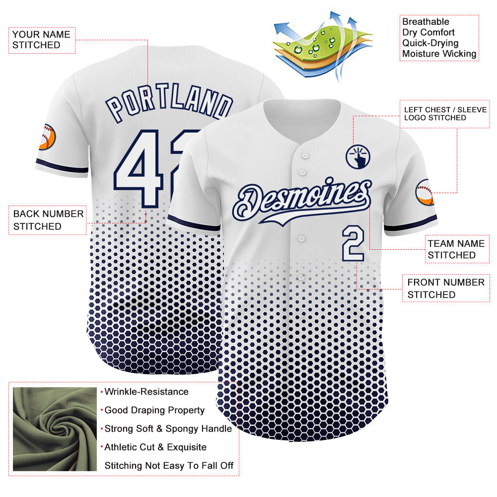 Custom White-Navy Geometric Hexagonal Dot Gradient Authentic Baseball Jersey view 3