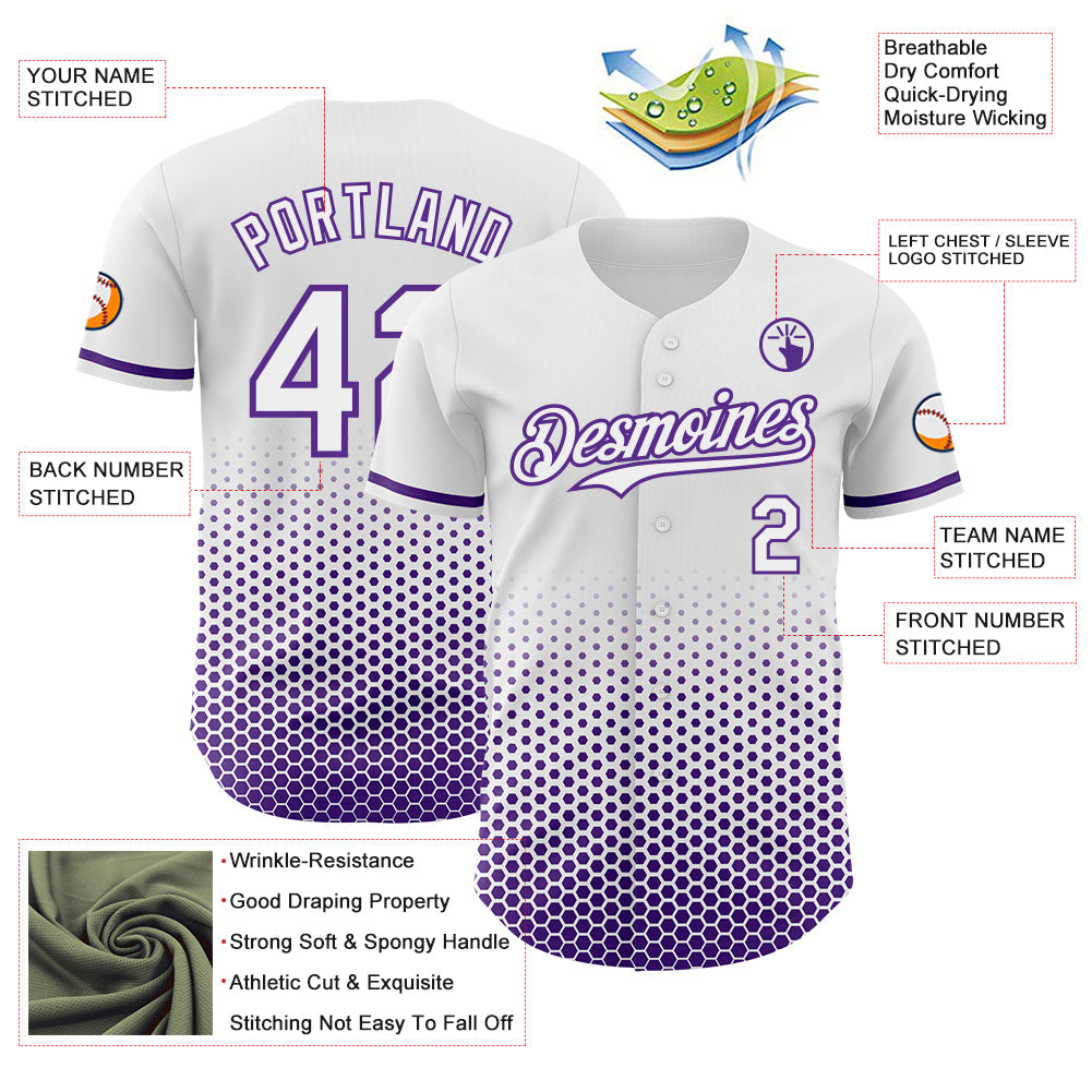 Custom White-Purple Geometric Hexagonal Dot Gradient Authentic Baseball Jersey view 3