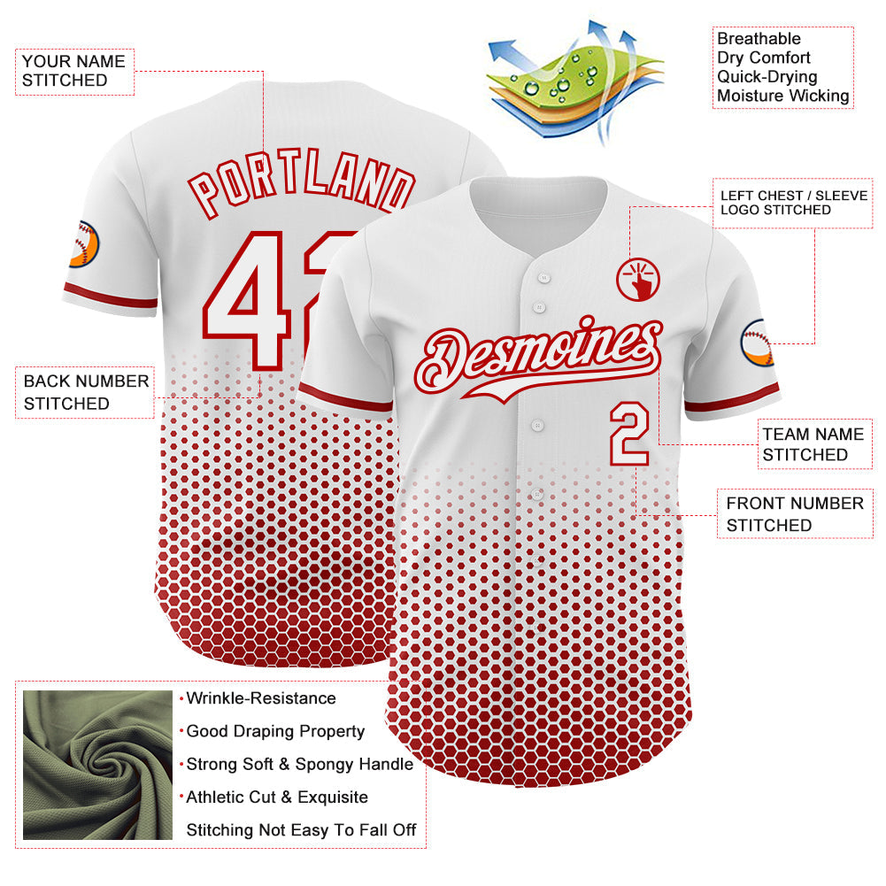 Custom White-Red Geometric Hexagonal Dot Gradient Authentic Baseball Jersey view 3