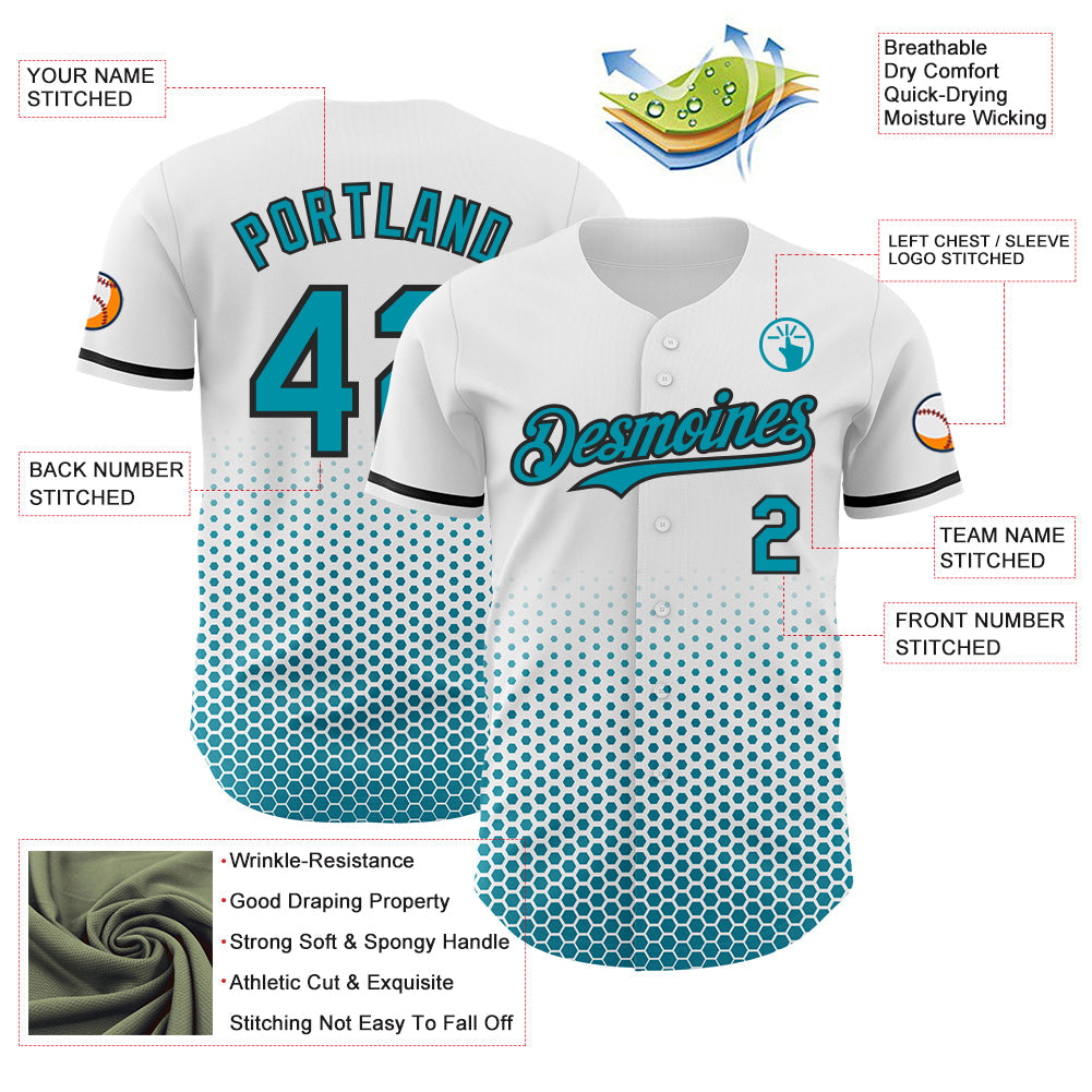 Custom White Teal-Black Geometric Hexagonal Dot Gradient Authentic Baseball Jersey view 3