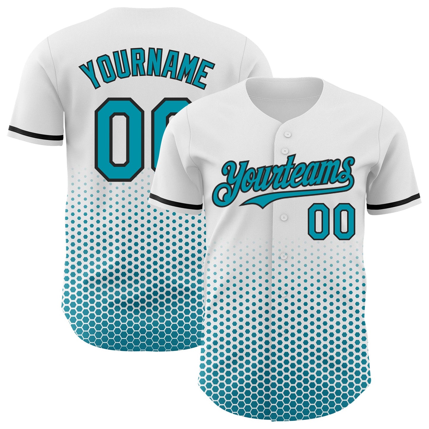 Custom White Teal-Black Geometric Hexagonal Dot Gradient Authentic Baseball Jersey - Main View