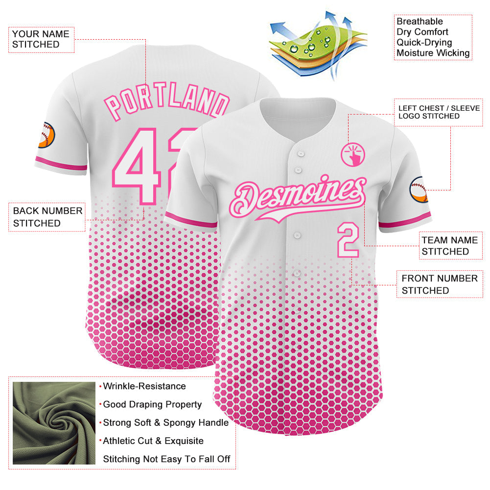 Custom White-Pink Geometric Hexagonal Dot Gradient Authentic Baseball Jersey view 3