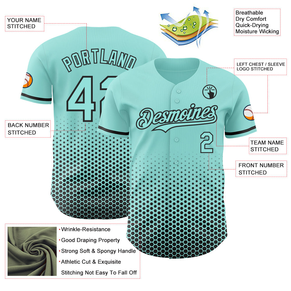 Custom Ice Blue-Black Geometric Hexagonal Dot Gradient Authentic Baseball Jersey view 3