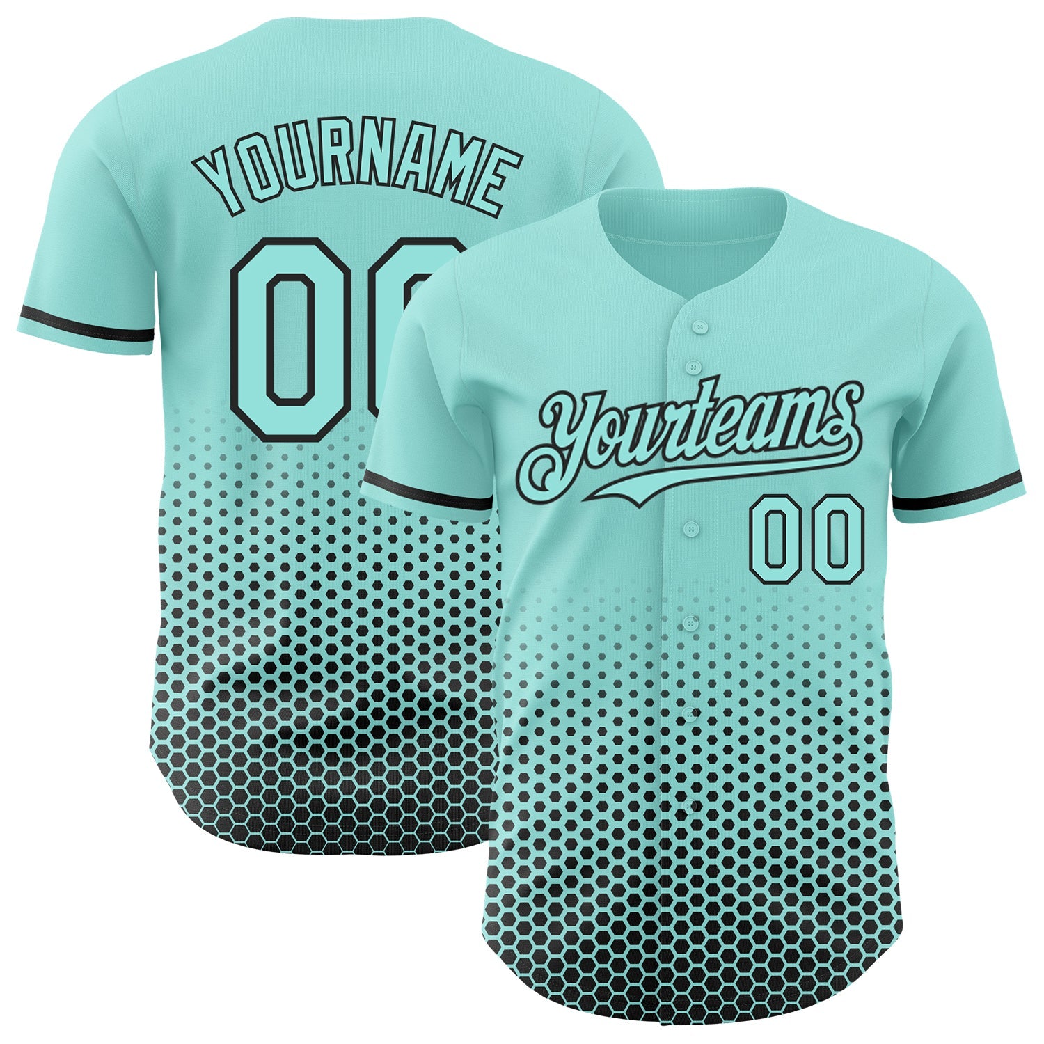Custom Ice Blue-Black Geometric Hexagonal Dot Gradient Authentic Baseball Jersey - Main View