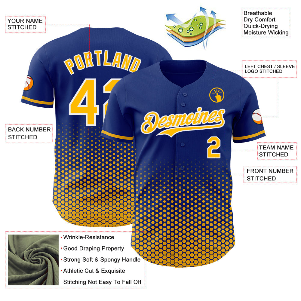 Custom Royal Gold-White Geometric Hexagonal Dot Gradient Authentic Baseball Jersey view 3