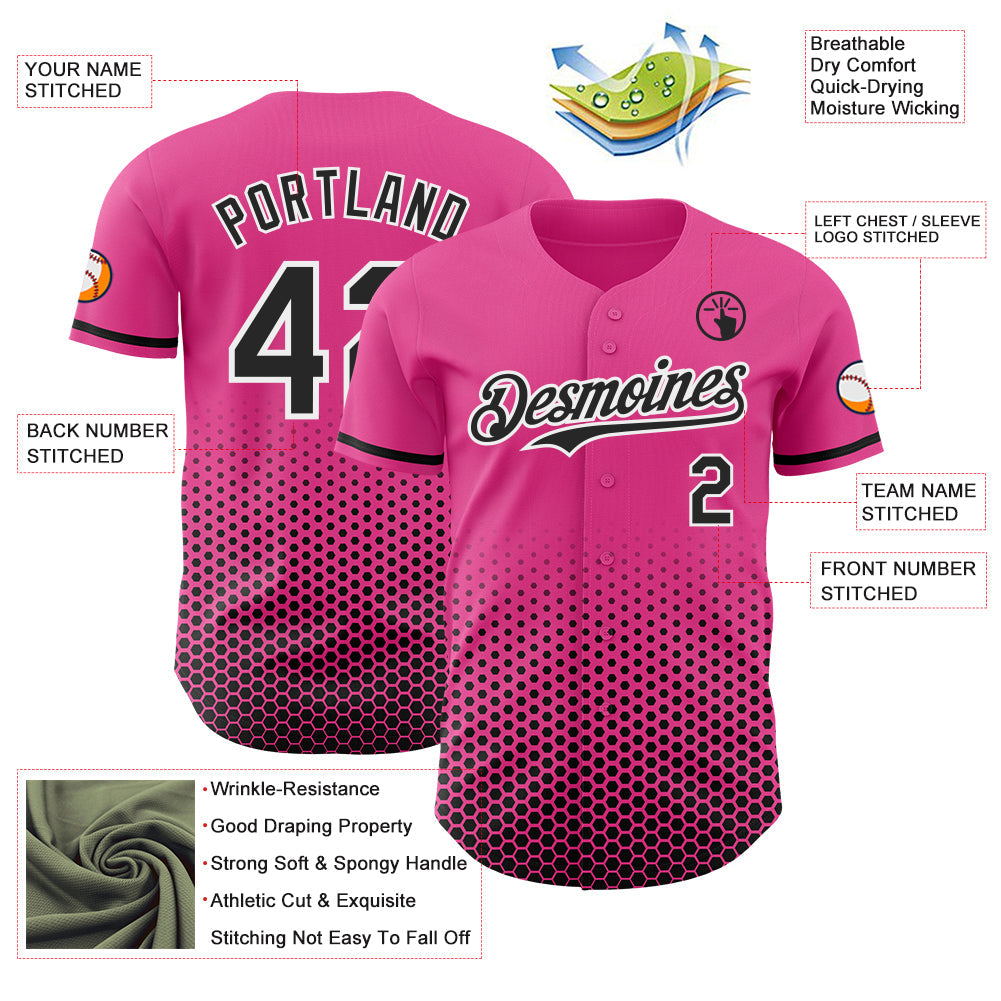 Custom Pink Black-White Geometric Hexagonal Dot Gradient Authentic Baseball Jersey view 3