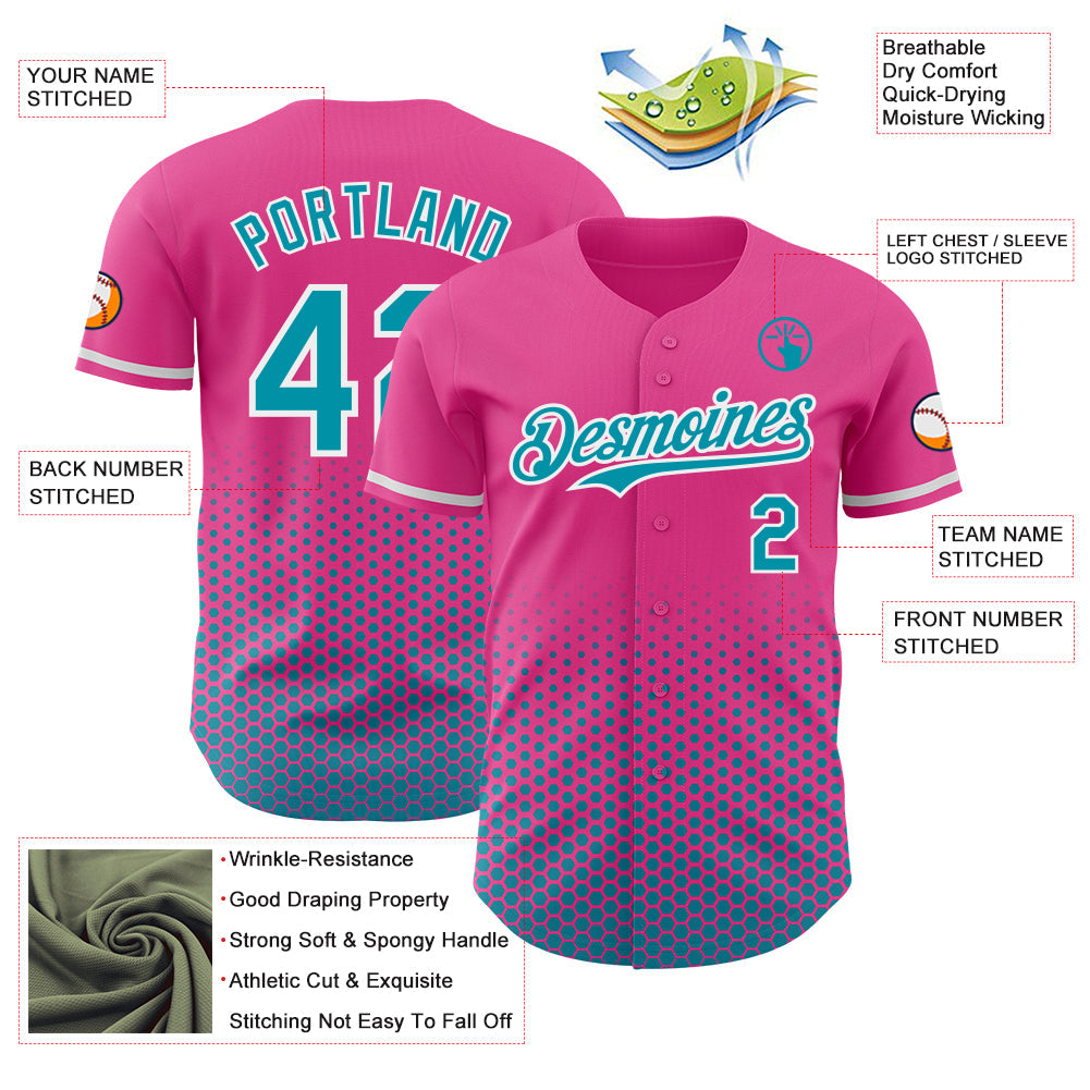 Custom Pink Teal-White Geometric Hexagonal Dot Gradient Authentic Baseball Jersey view 3