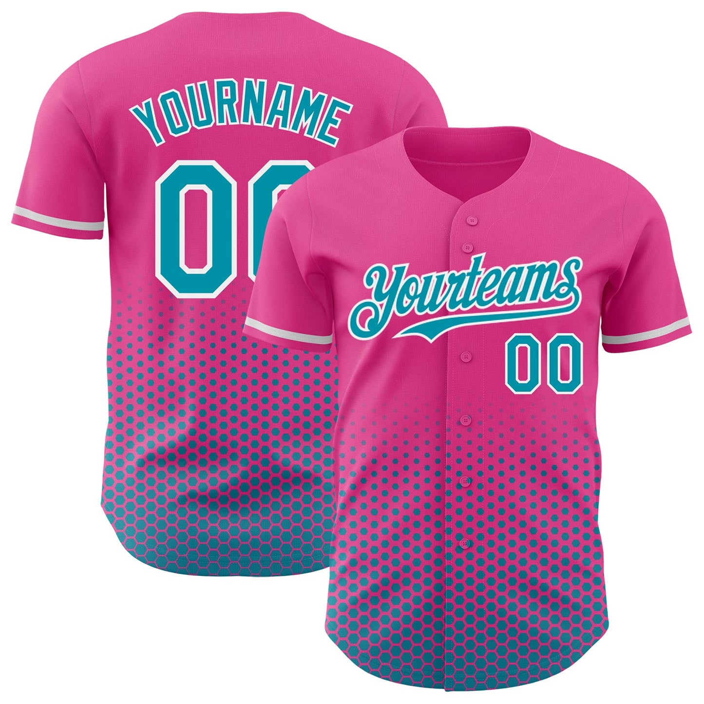 Custom Pink Teal-White Geometric Hexagonal Dot Gradient Authentic Baseball Jersey - Main View