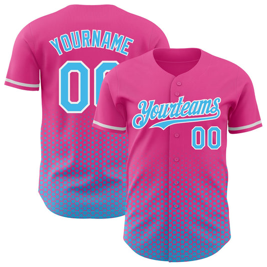 Custom Pink Sky Blue-White Geometric Hexagonal Dot Gradient Authentic Baseball Jersey - Main View