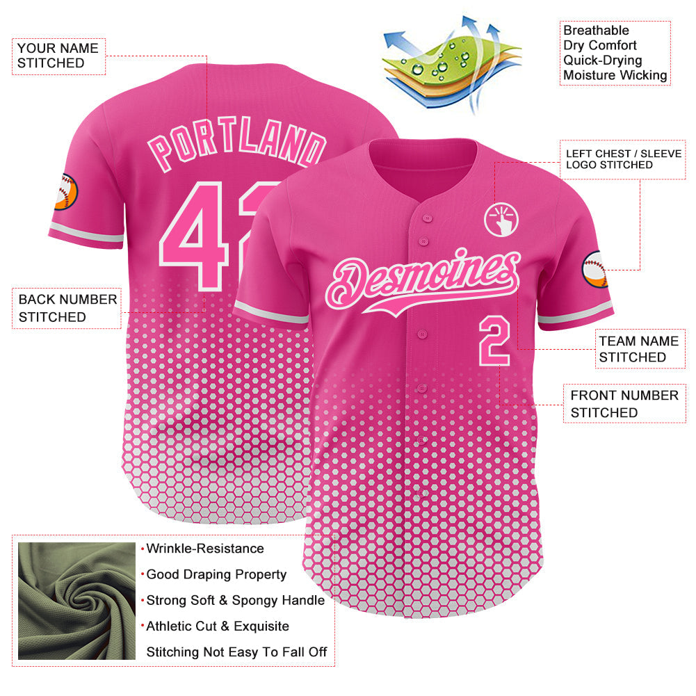 Custom Pink-White Geometric Hexagonal Dot Gradient Authentic Baseball Jersey view 3