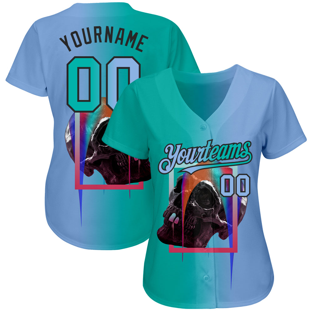 Custom Light Blue Aqua-Black 3D Skull Gradient Fashion Authentic Baseball Jersey view 2