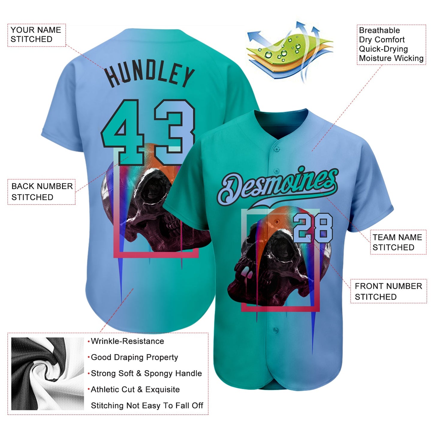 Custom Light Blue Aqua-Black 3D Skull Gradient Fashion Authentic Baseball Jersey view 3