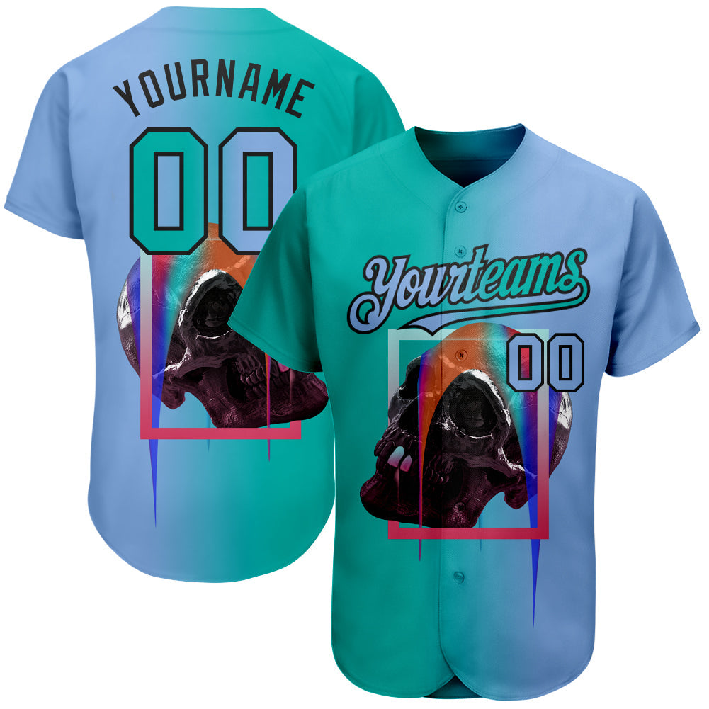 Custom Light Blue Aqua-Black 3D Skull Gradient Fashion Authentic Baseball Jersey - Main View