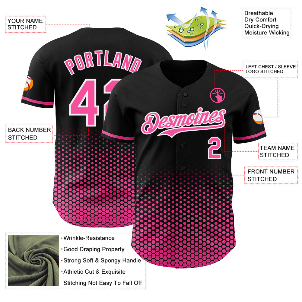 Custom Black Pink-White Geometric Hexagonal Dot Gradient Authentic Baseball Jersey view 3