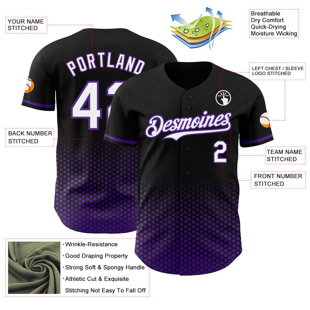 Custom Black White-Purple Geometric Hexagonal Dot Gradient Authentic Baseball Jersey view 3