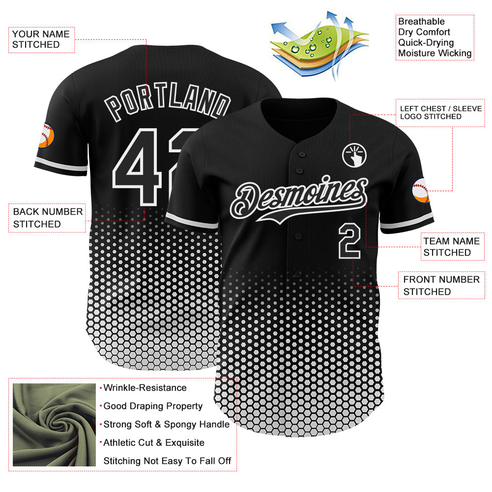 Custom Black-White Geometric Hexagonal Dot Gradient Authentic Baseball Jersey view 3