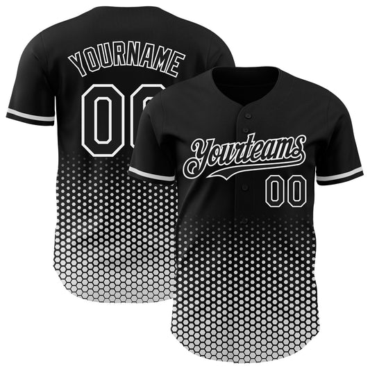 Custom Black-White Geometric Hexagonal Dot Gradient Authentic Baseball Jersey - Main View