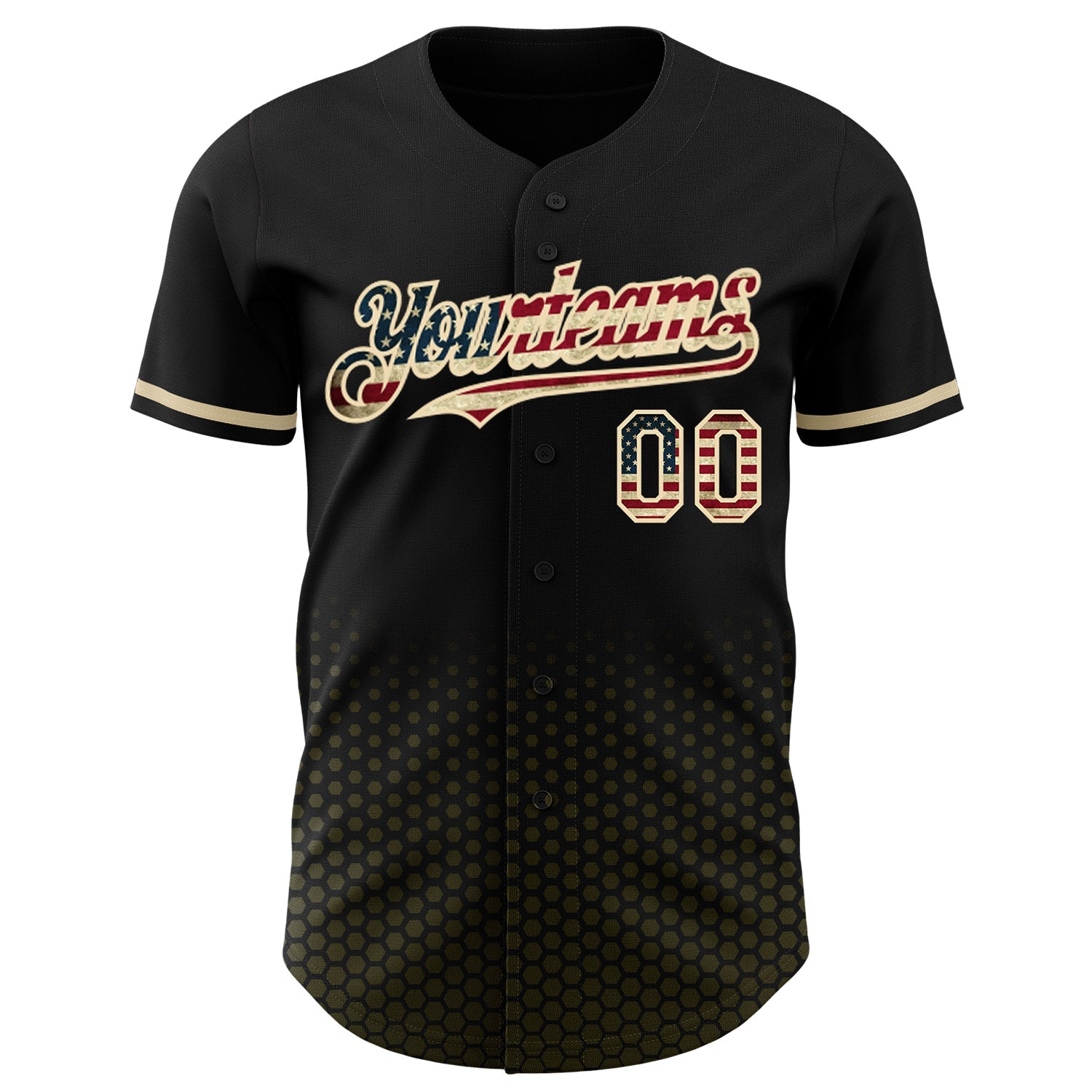 Custom Black Vintage USA Flag Olive-Cream Geometric Hexagonal Dot Gradient Authentic Baseball Jersey view 2
