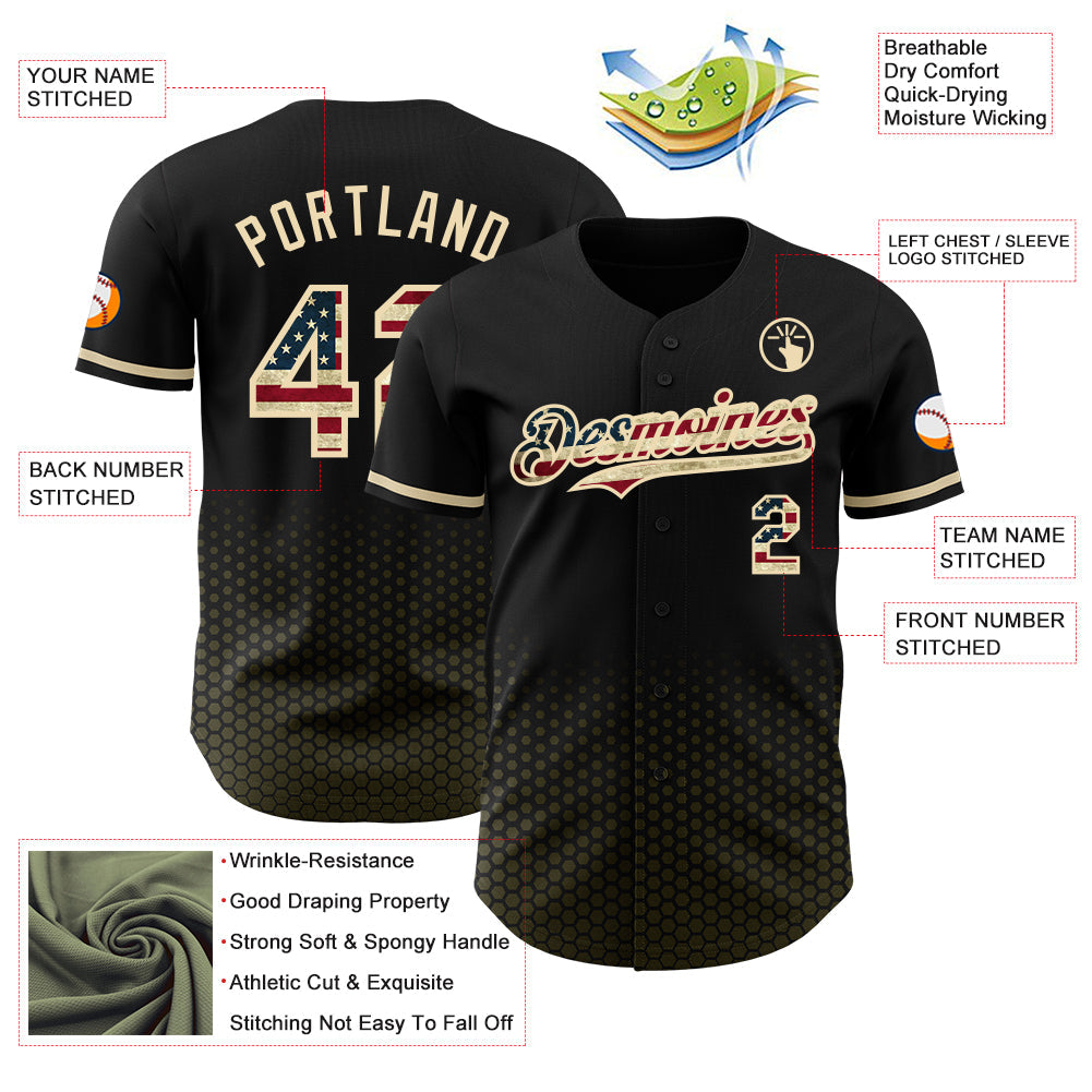 Custom Black Vintage USA Flag Olive-Cream Geometric Hexagonal Dot Gradient Authentic Baseball Jersey view 3