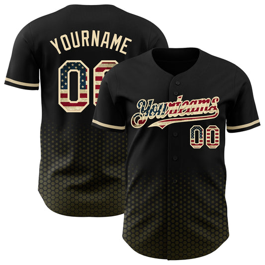 Custom Black Vintage USA Flag Olive-Cream Geometric Hexagonal Dot Gradient Authentic Baseball Jersey - Main View