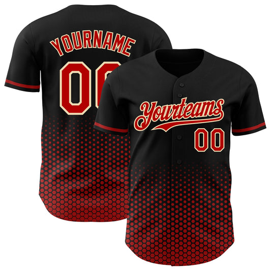 Custom Black Red-Cream Geometric Hexagonal Dot Gradient Authentic Baseball Jersey - Main View