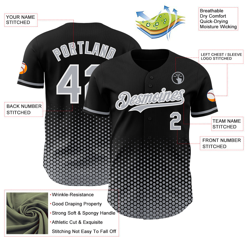Custom Black Gray-White Geometric Hexagonal Dot Gradient Authentic Baseball Jersey view 3