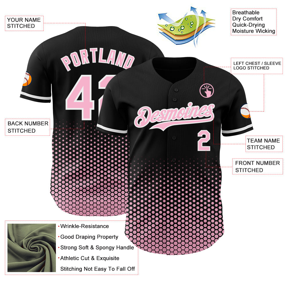 Custom Black Light Pink-White Geometric Hexagonal Dot Gradient Authentic Baseball Jersey view 3