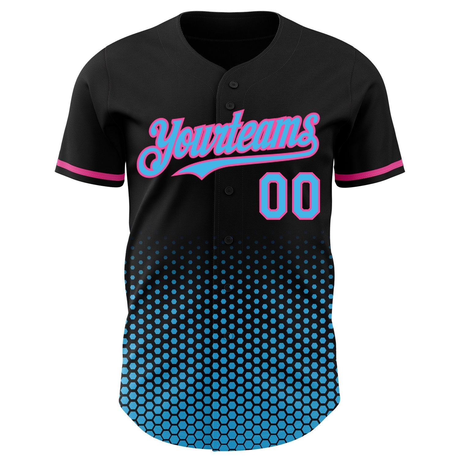 Custom Black Sky Blue-Pink Geometric Hexagonal Dot Gradient Authentic Baseball Jersey view 2