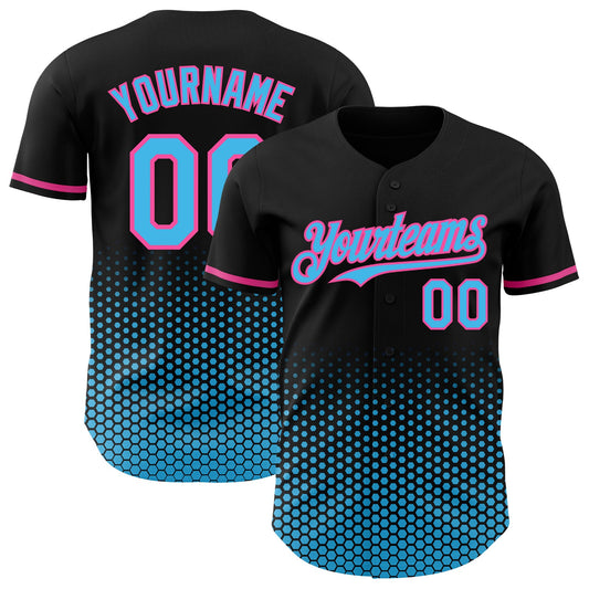 Custom Black Sky Blue-Pink Geometric Hexagonal Dot Gradient Authentic Baseball Jersey - Main View