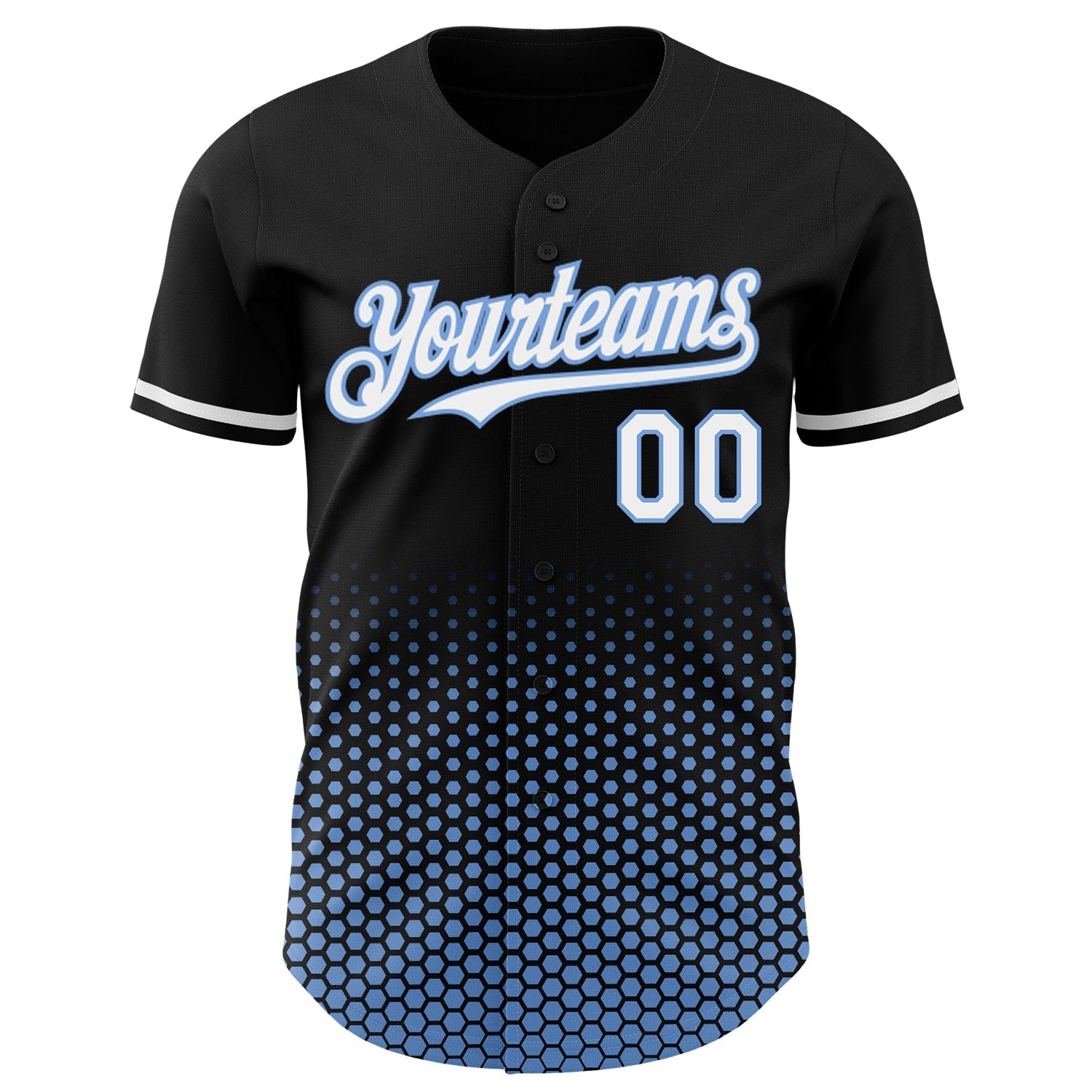 Custom Black White-Light Blue Geometric Hexagonal Dot Gradient Authentic Baseball Jersey view 2