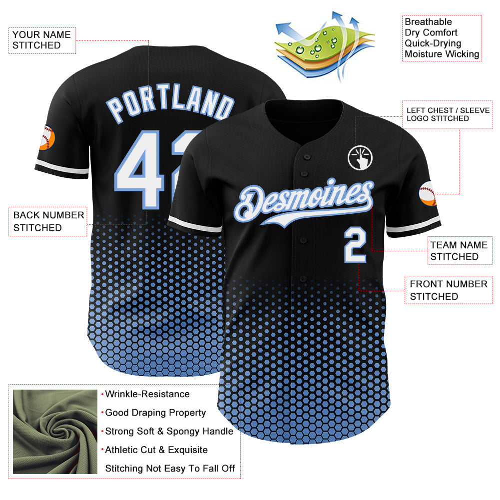 Custom Black White-Light Blue Geometric Hexagonal Dot Gradient Authentic Baseball Jersey view 3