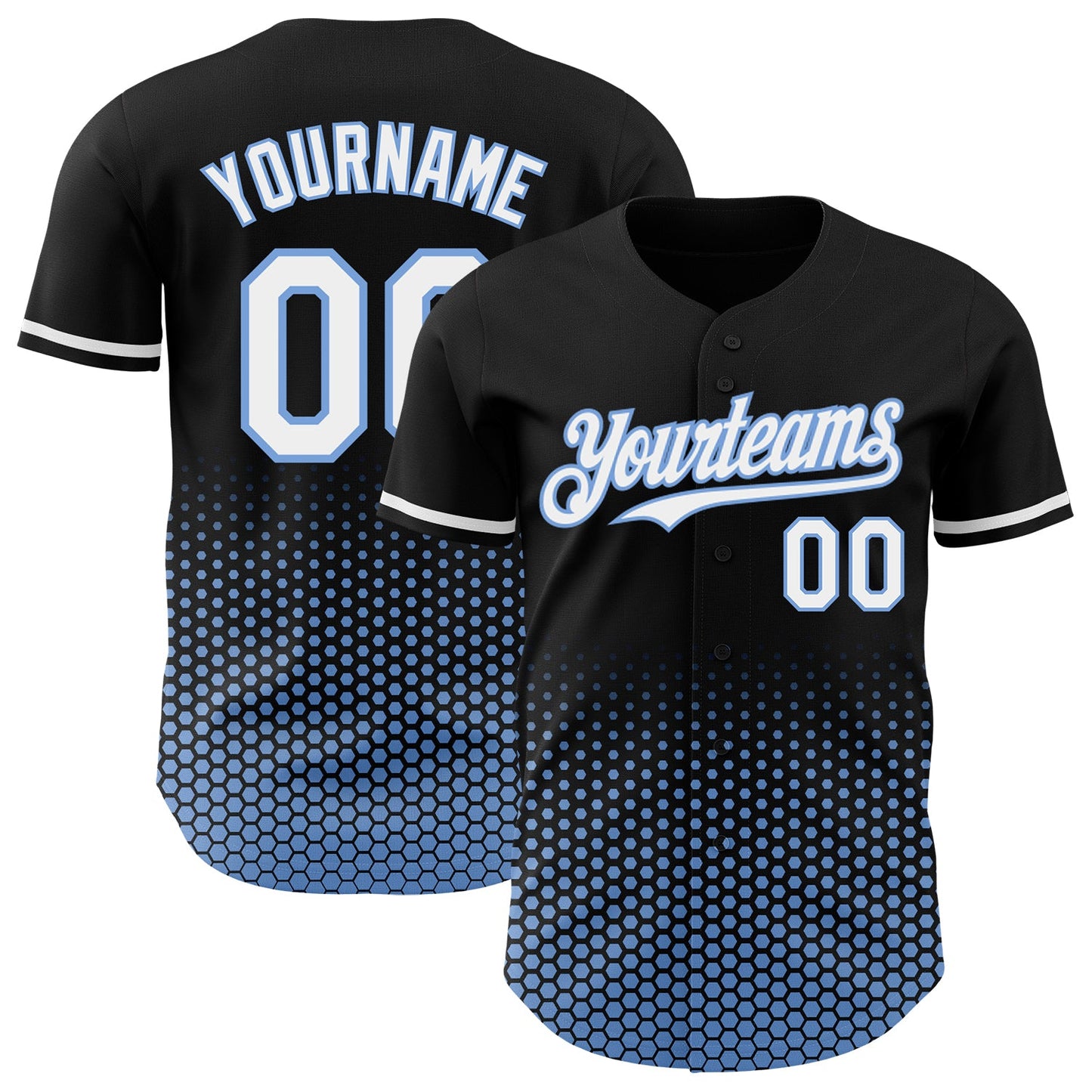 Custom Black White-Light Blue Geometric Hexagonal Dot Gradient Authentic Baseball Jersey - Main View
