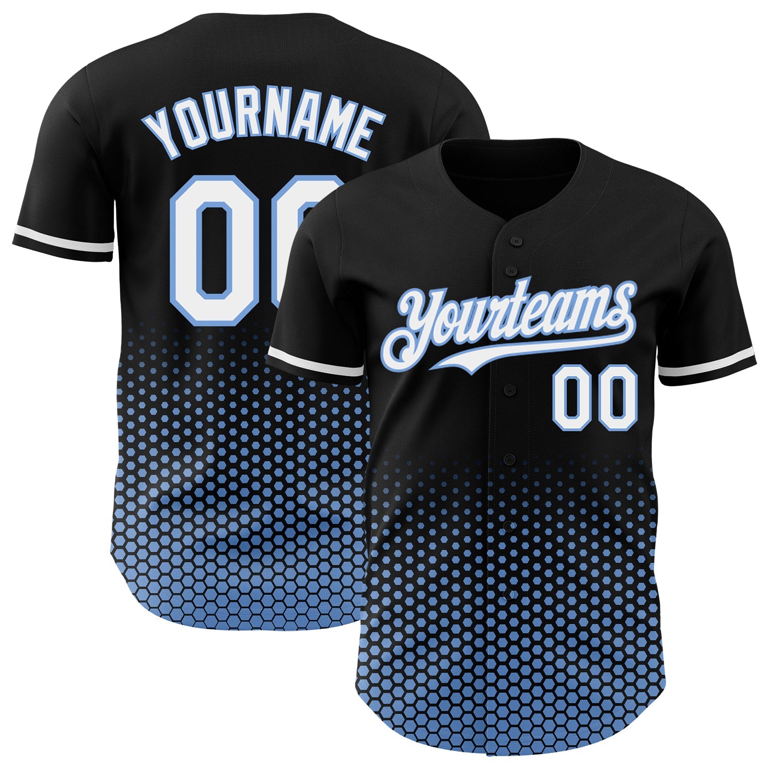 Custom Black White-Light Blue Geometric Hexagonal Dot Gradient Authentic Baseball Jersey - Main View
