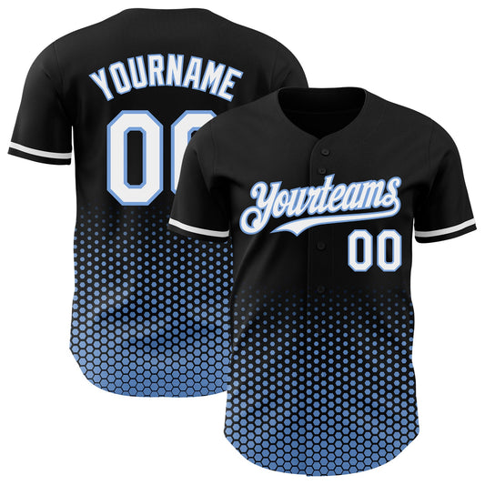 Custom Black White-Light Blue Geometric Hexagonal Dot Gradient Authentic Baseball Jersey - Main View