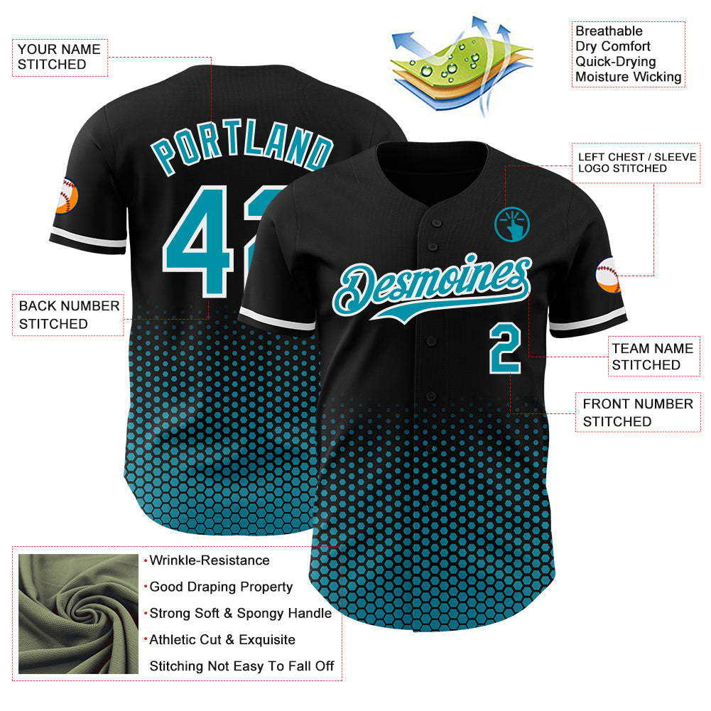 Custom Black Teal-White Geometric Hexagonal Dot Gradient Authentic Baseball Jersey view 3