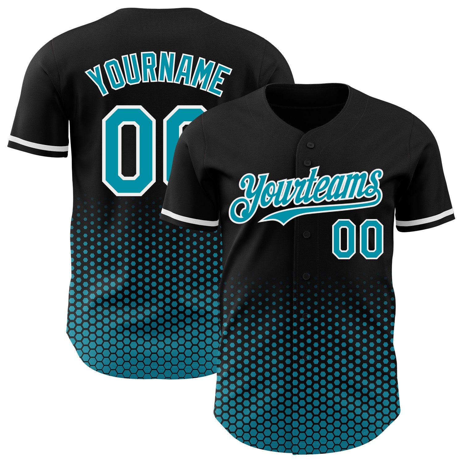 Custom Black Teal-White Geometric Hexagonal Dot Gradient Authentic Baseball Jersey - Main View