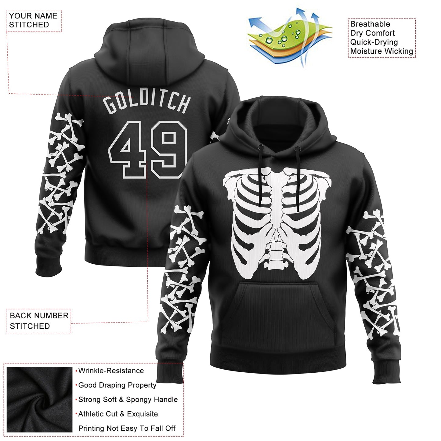 Custom Stitched Black White 3D Skull Fashion Sports Pullover Sweatshirt Hoodie view 2