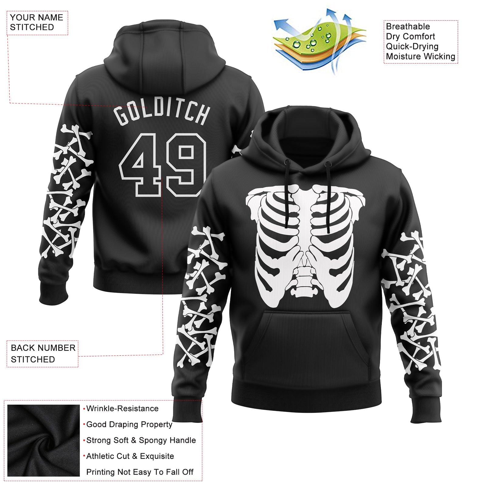 Custom Stitched Black White 3D Skull Fashion Sports Pullover Sweatshirt Hoodie view 2