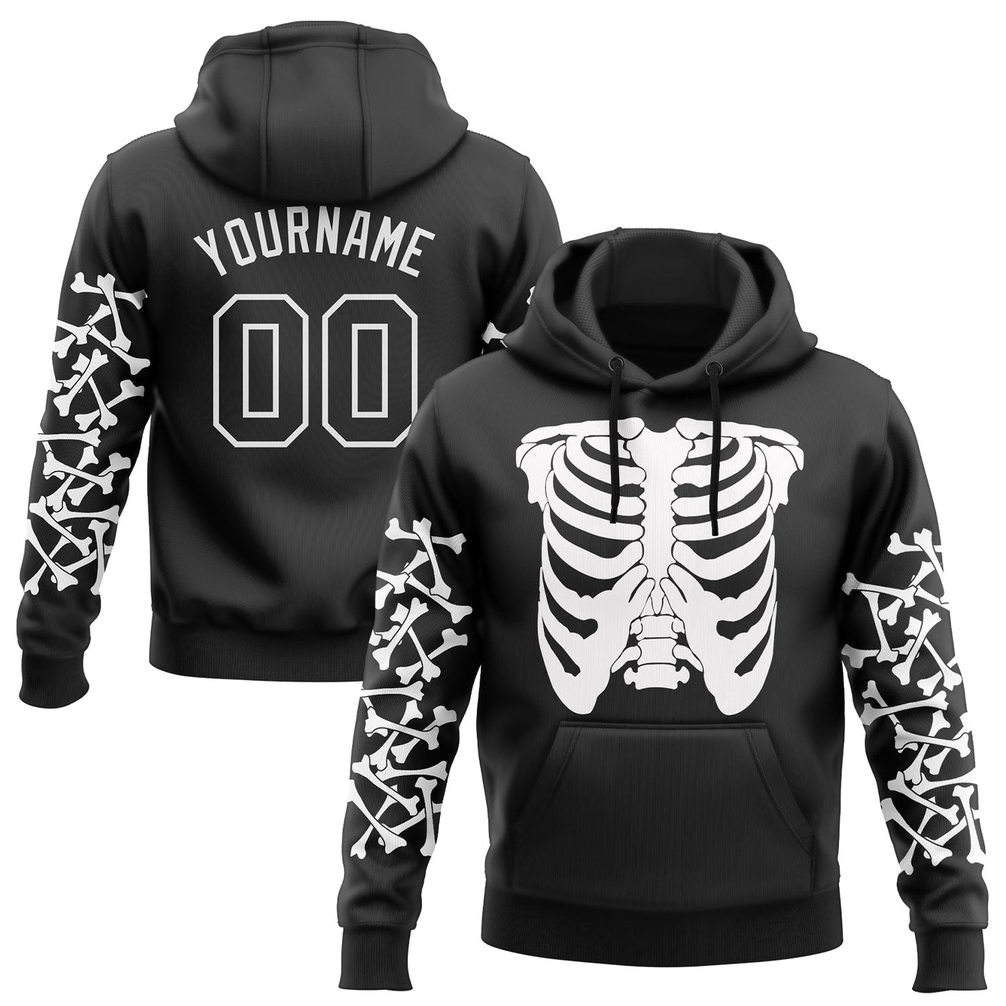 Custom Stitched Black White 3D Skull Fashion Sports Pullover Sweatshirt Hoodie - Main View