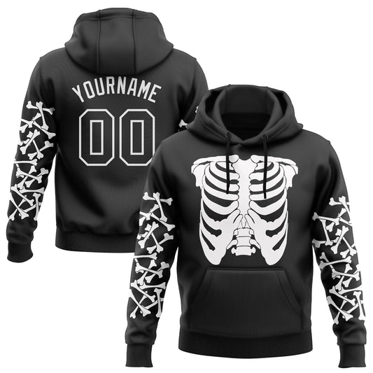 Custom Stitched Black White 3D Skull Fashion Sports Pullover Sweatshirt Hoodie - Main View