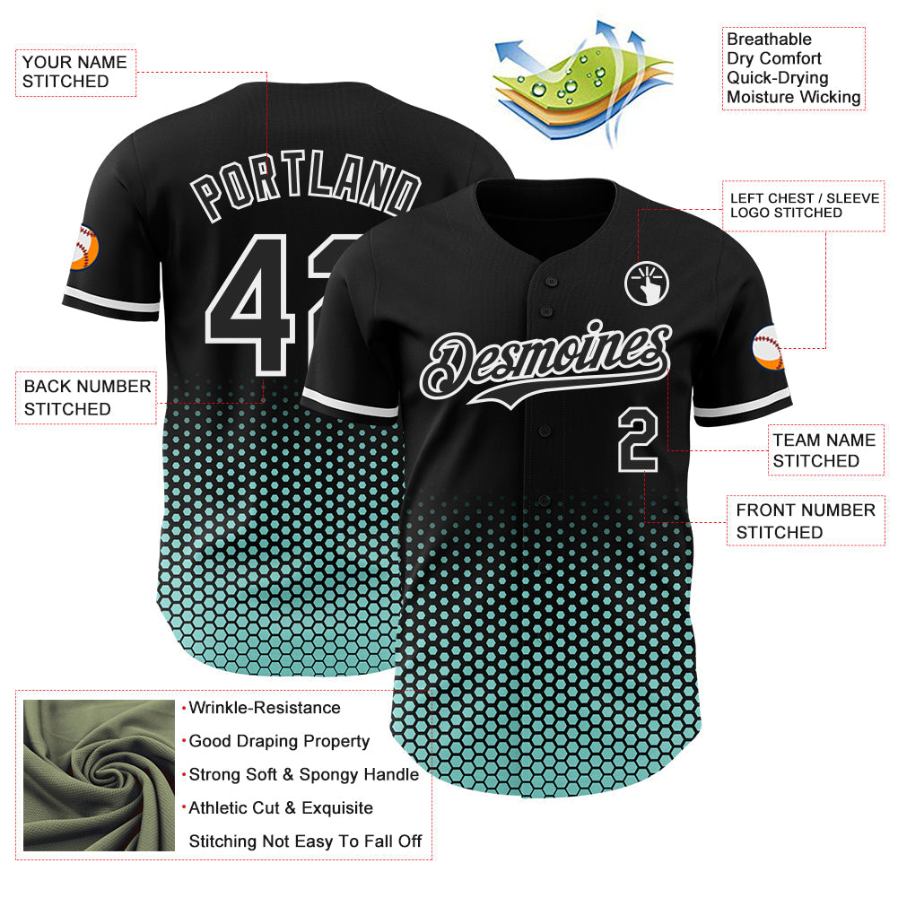 Custom Black Ice Blue-White Geometric Hexagonal Dot Gradient Authentic Baseball Jersey view 3