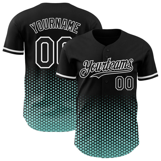 Custom Black Ice Blue-White Geometric Hexagonal Dot Gradient Authentic Baseball Jersey - Main View