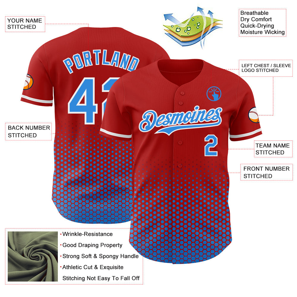 Custom Red Electric Blue-White Geometric Hexagonal Dot Gradient Authentic Baseball Jersey view 3