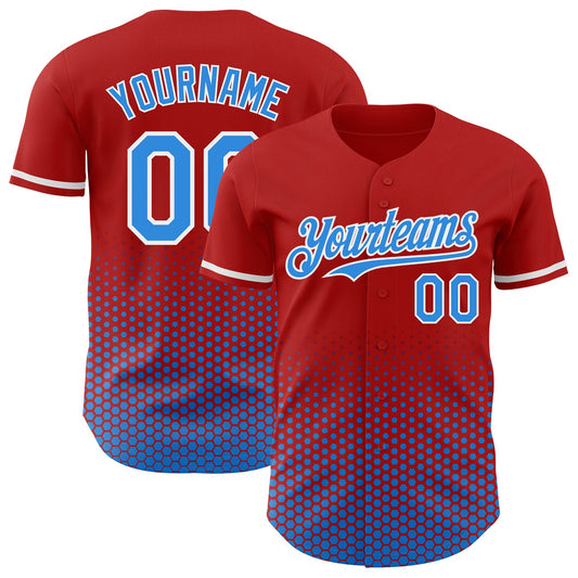 Custom Red Electric Blue-White Geometric Hexagonal Dot Gradient Authentic Baseball Jersey - Main View