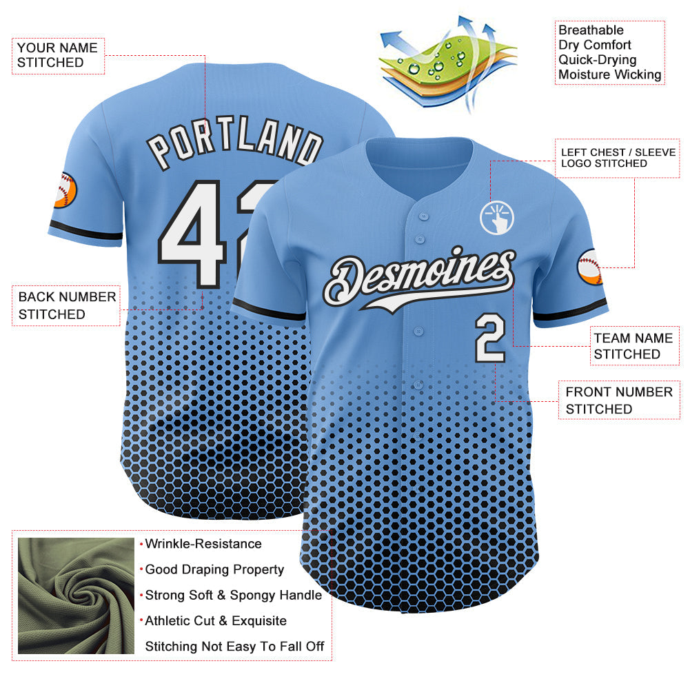 Custom Light Blue White-Black Geometric Hexagonal Dot Gradient Authentic Baseball Jersey view 3