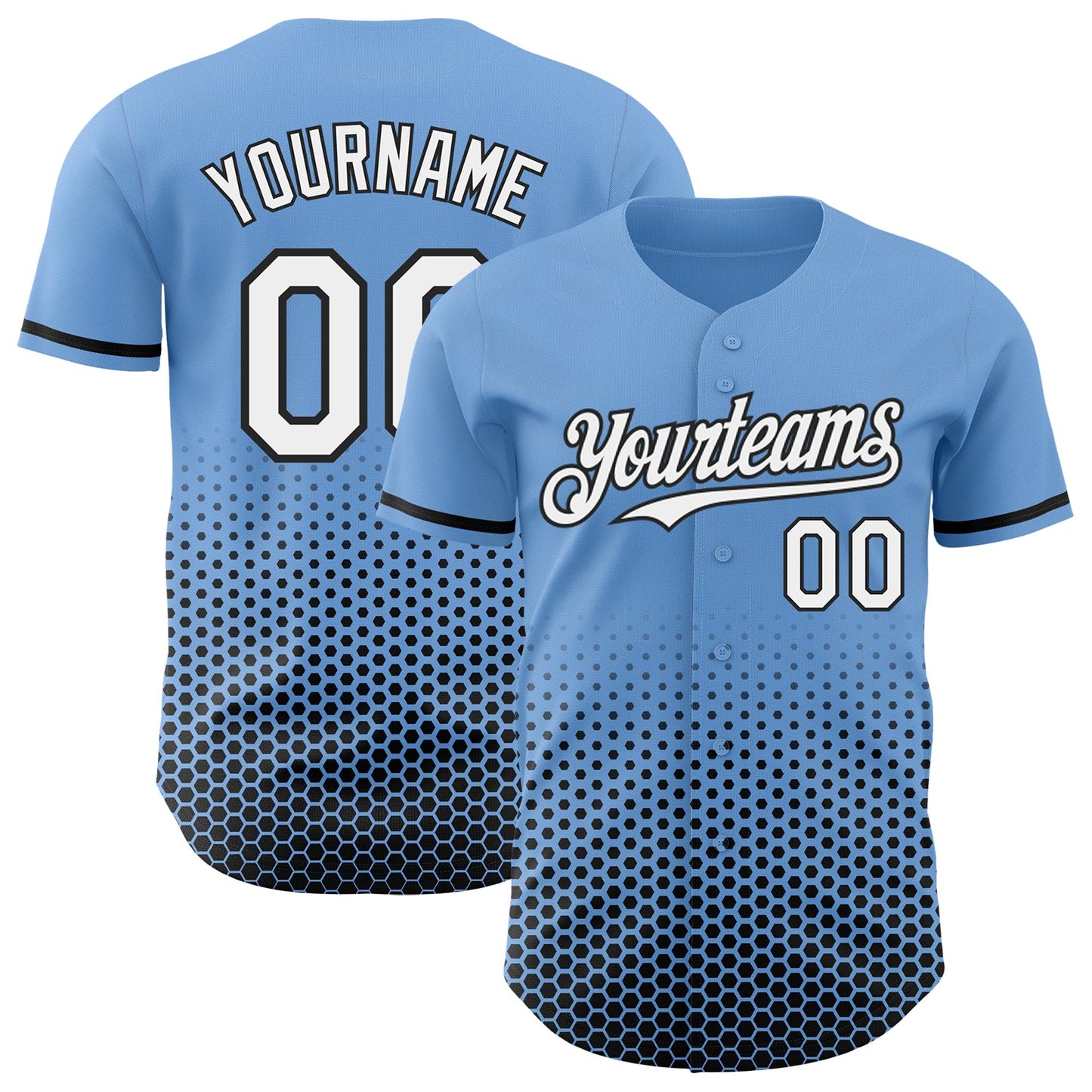 Custom Light Blue White-Black Geometric Hexagonal Dot Gradient Authentic Baseball Jersey - Main View
