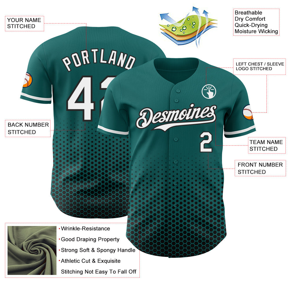 Custom Teal White-Black Geometric Hexagonal Dot Gradient Authentic Baseball Jersey view 3