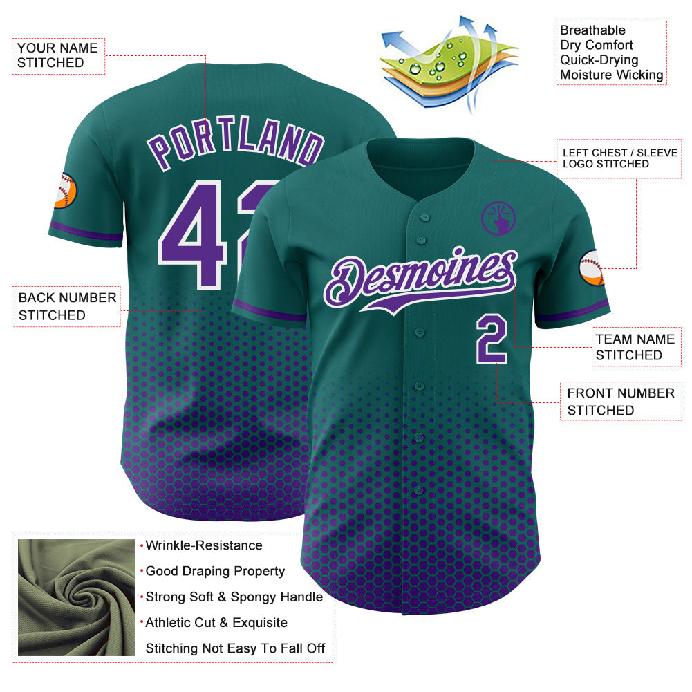 Custom Teal Purple-White Geometric Hexagonal Dot Gradient Authentic Baseball Jersey view 3