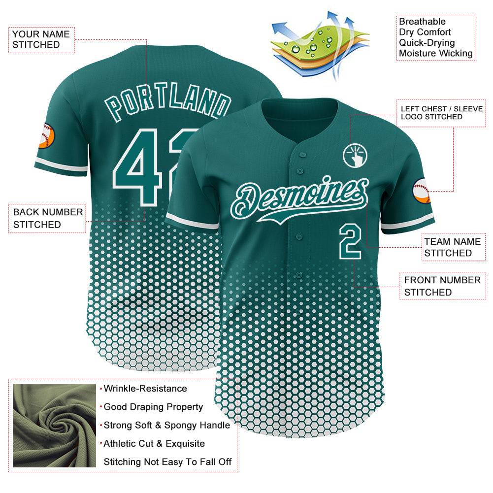 Custom Teal-White Geometric Hexagonal Dot Gradient Authentic Baseball Jersey view 3